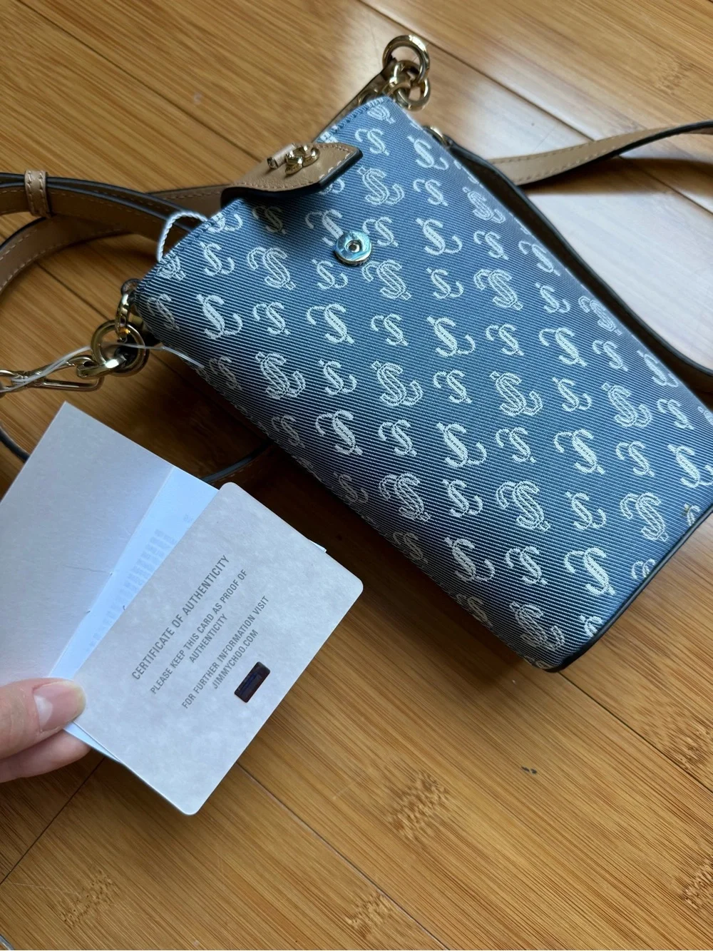 Jimmy Choo Blue Monogram Crossbody with Tan Trim